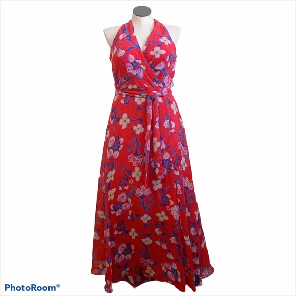 Chetta B Dresses & Skirts - Chetta B Red Tropical Floral Halter Maxi Dress XL